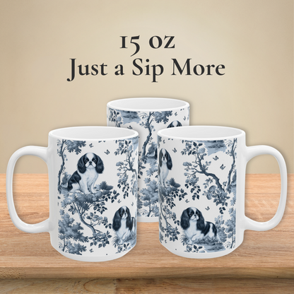 English Toy Spaniel blue toile white handle coffee mugs in 11 oz and 15 oz sizes