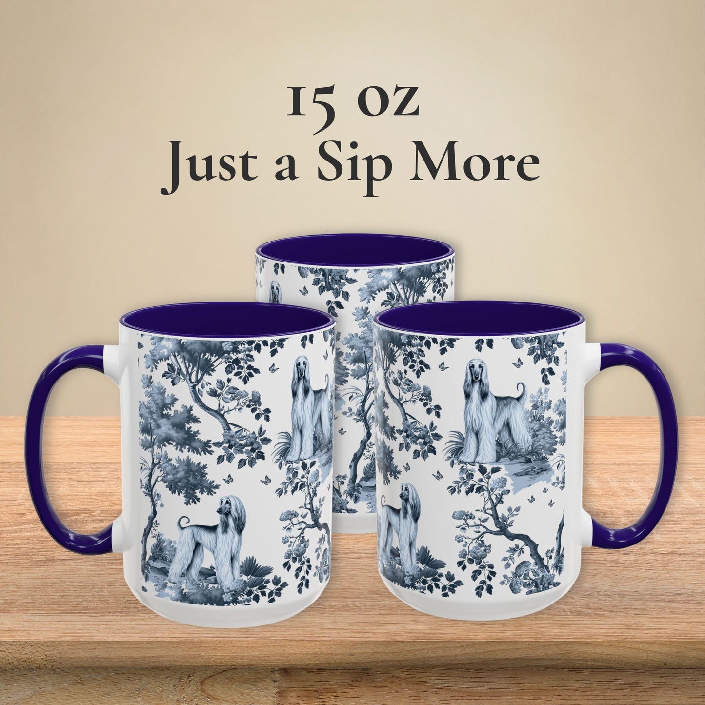 15 oz blue toile Afghan Hound coffee mug, side view