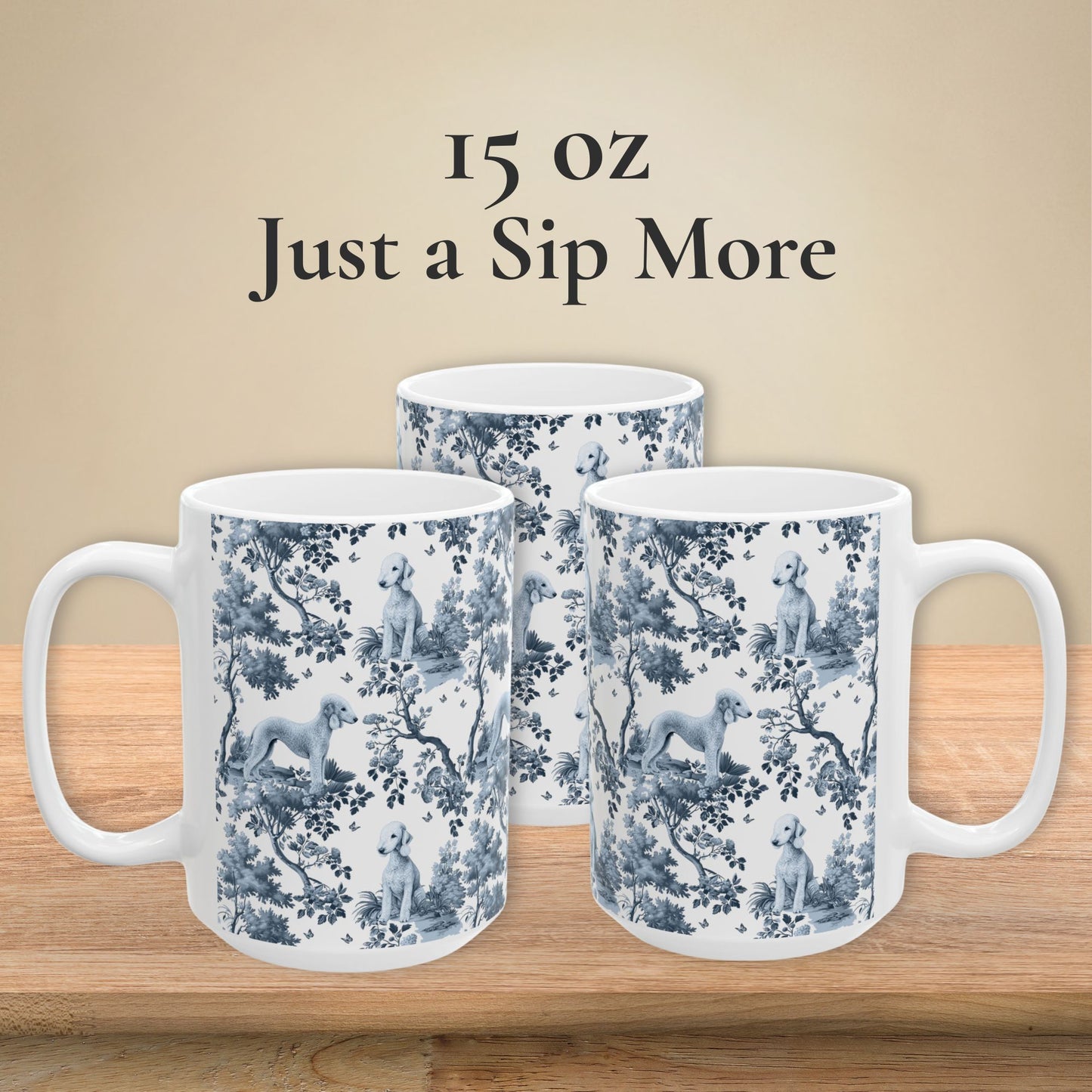 15 oz blue toile Bedlington Terrier coffee mug, side view