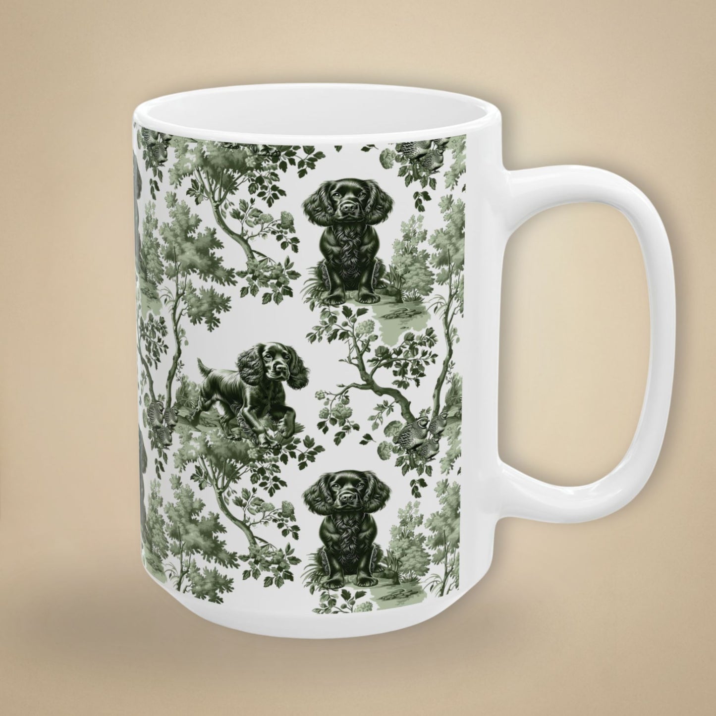 15 oz sage green toile Boykin Spaniel coffee cup shown from three sides