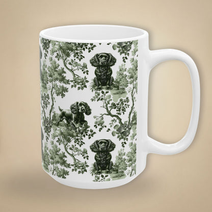 15 oz sage green toile Boykin Spaniel coffee cup shown from three sides