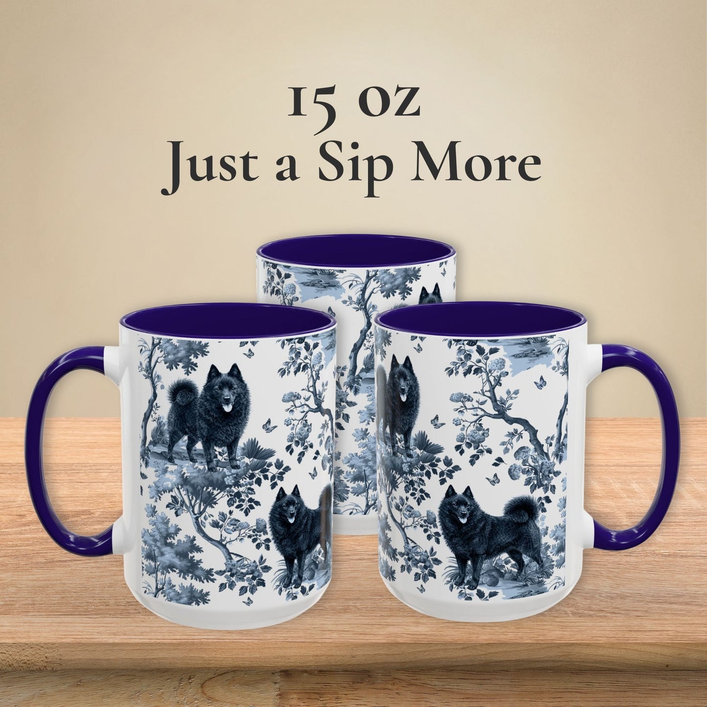 15 oz blue toile Schipperke coffee cup shown from three sides