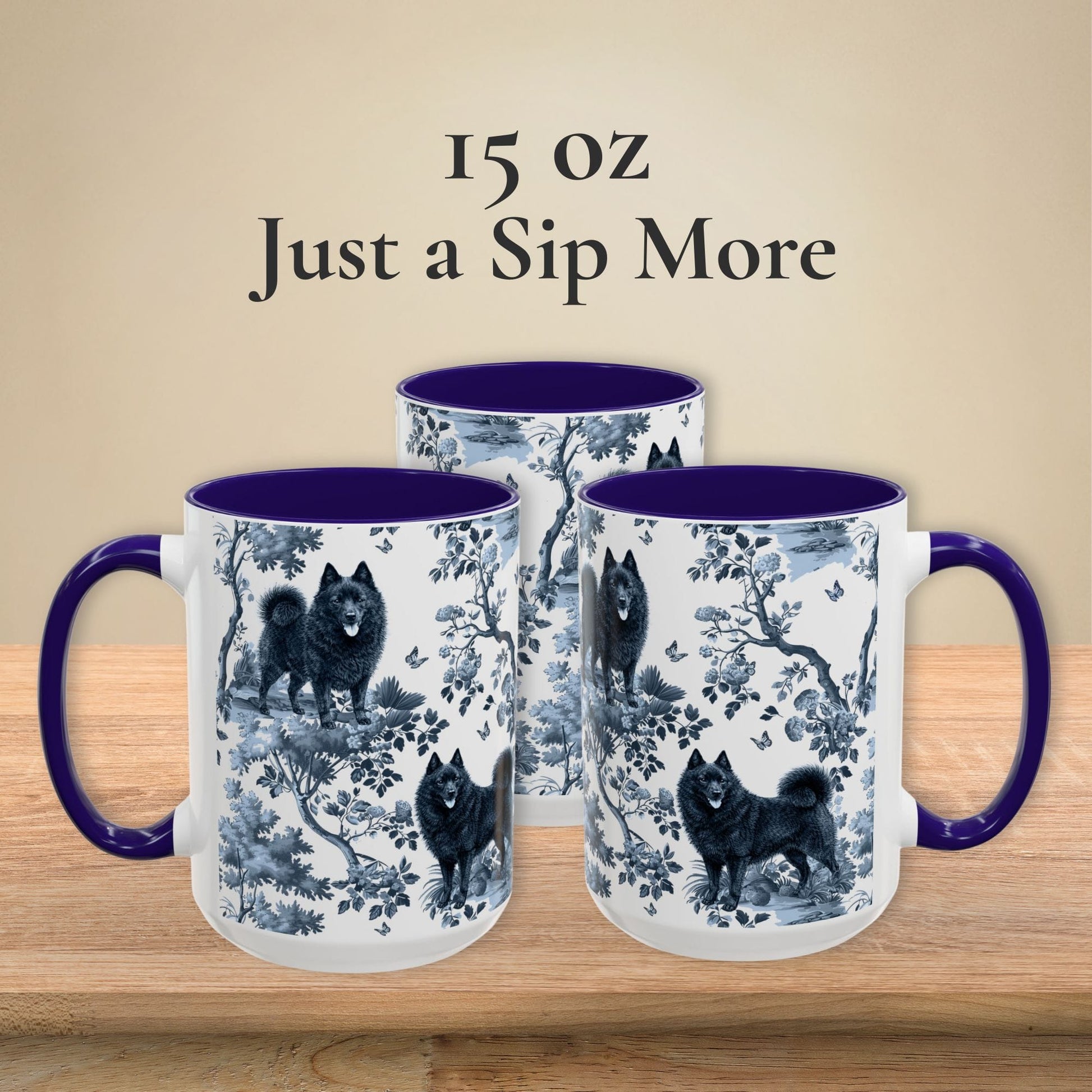 15 oz blue toile Schipperke coffee cup shown from three sides
