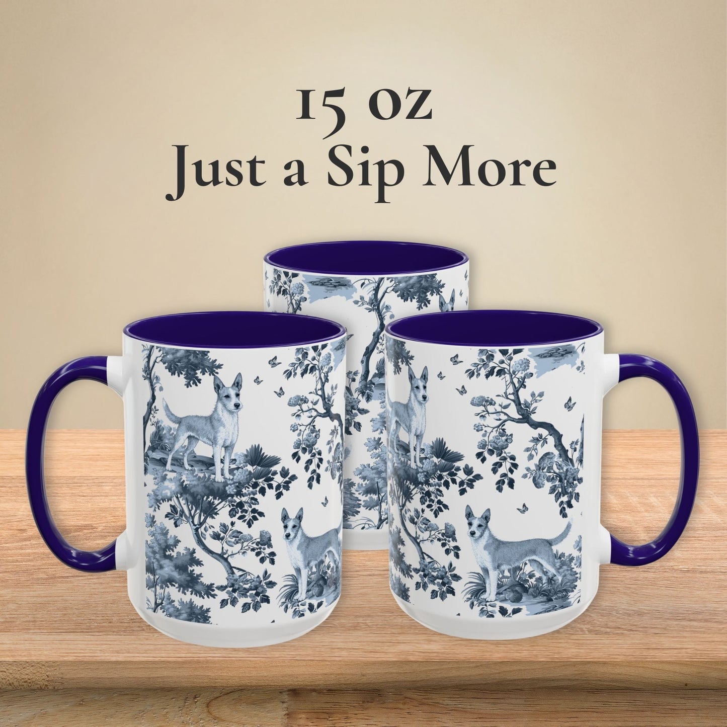 15 oz blue toile Portuguese Podengo coffee cup shown from three sides