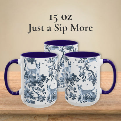 15 oz blue toile Portuguese Podengo coffee cup shown from three sides