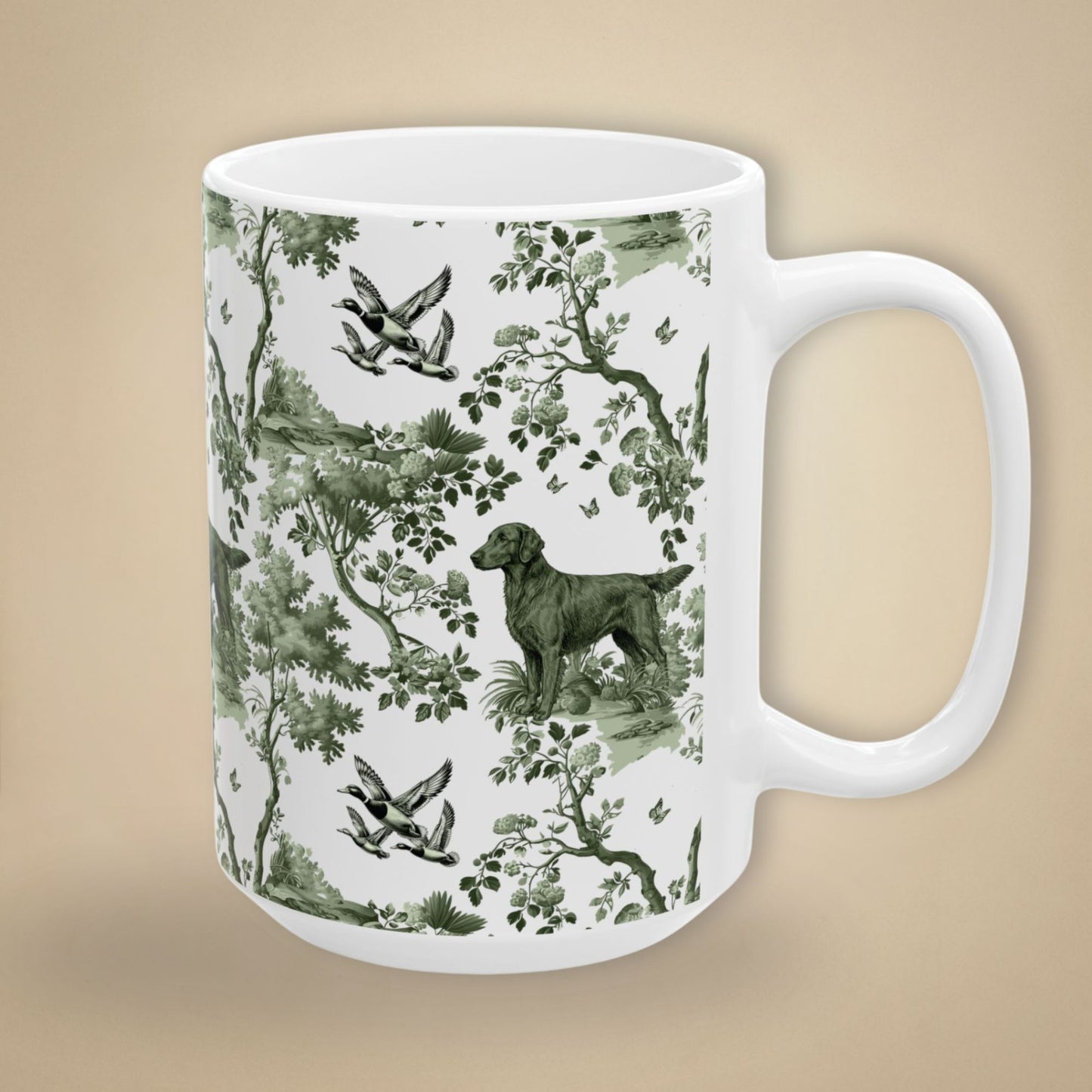 15 oz sage green toile Flat-Coated Retriever coffee cup shown from three sides