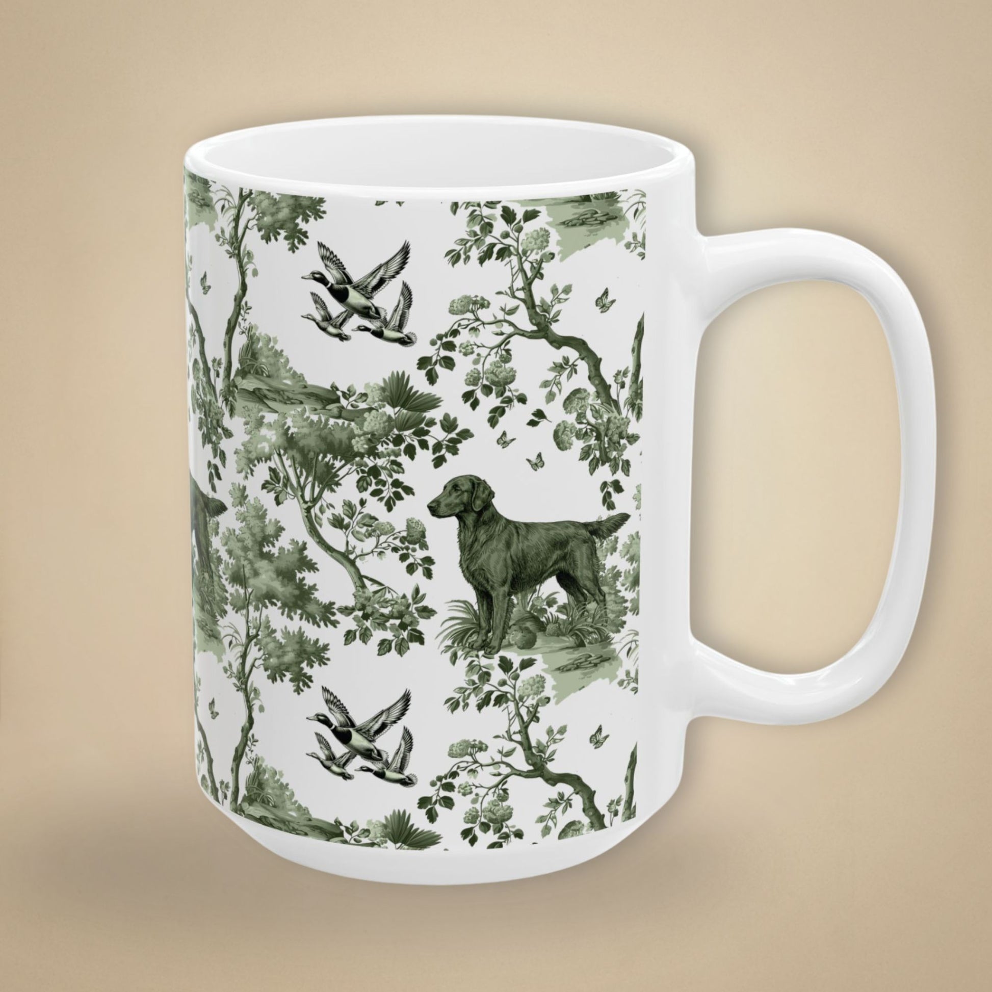 15 oz sage green toile Flat-Coated Retriever coffee cup shown from three sides