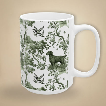 15 oz sage green toile Flat-Coated Retriever coffee cup shown from three sides