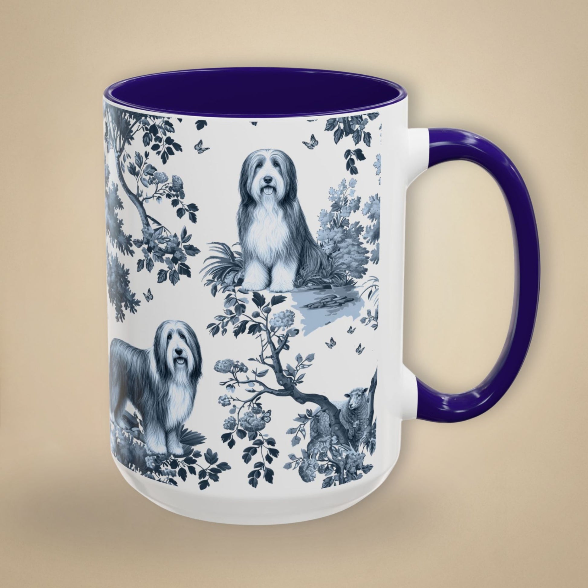 15 oz blue toile Bearded Collie coffee cup shown from three sides