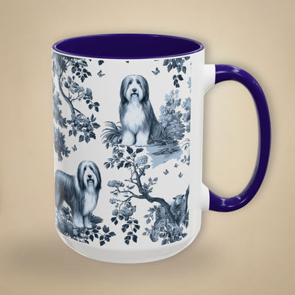 15 oz blue toile Bearded Collie coffee cup shown from three sides