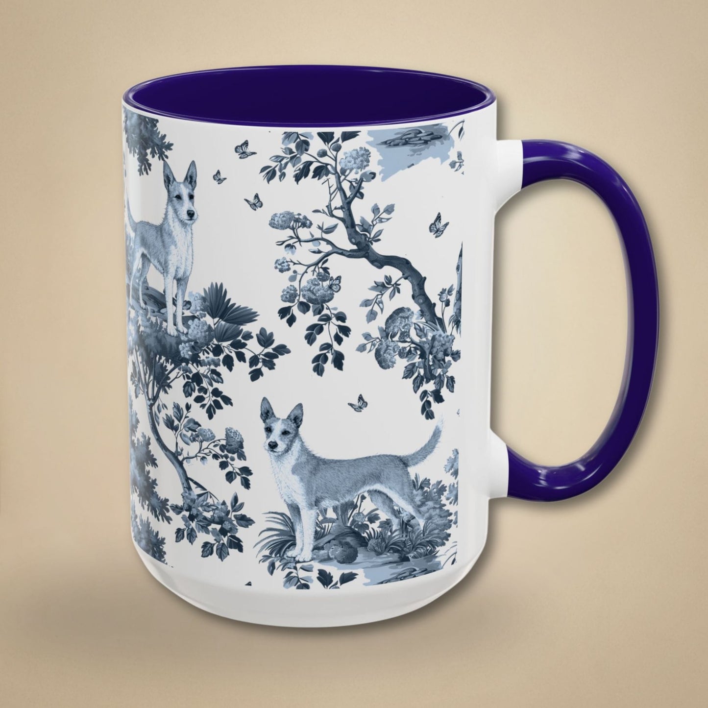 15 oz blue toile Portuguese Podengo coffee mug, side view
