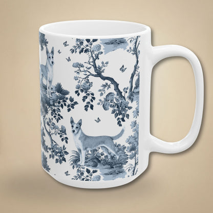 15 oz blue toile Portuguese Podengo coffee mug, side view