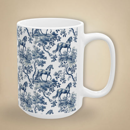 15 oz classic blue toile Horse coffee mug, side view