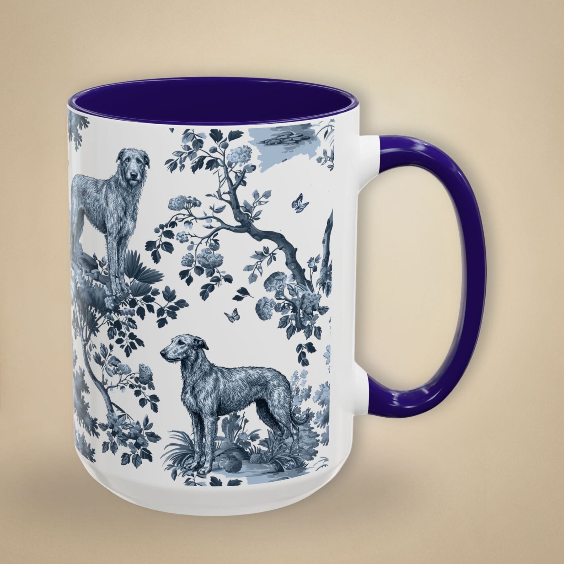 15 oz blue toile Scottish Deerhound coffee mug, side view