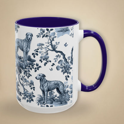 15 oz blue toile Scottish Deerhound coffee mug, side view