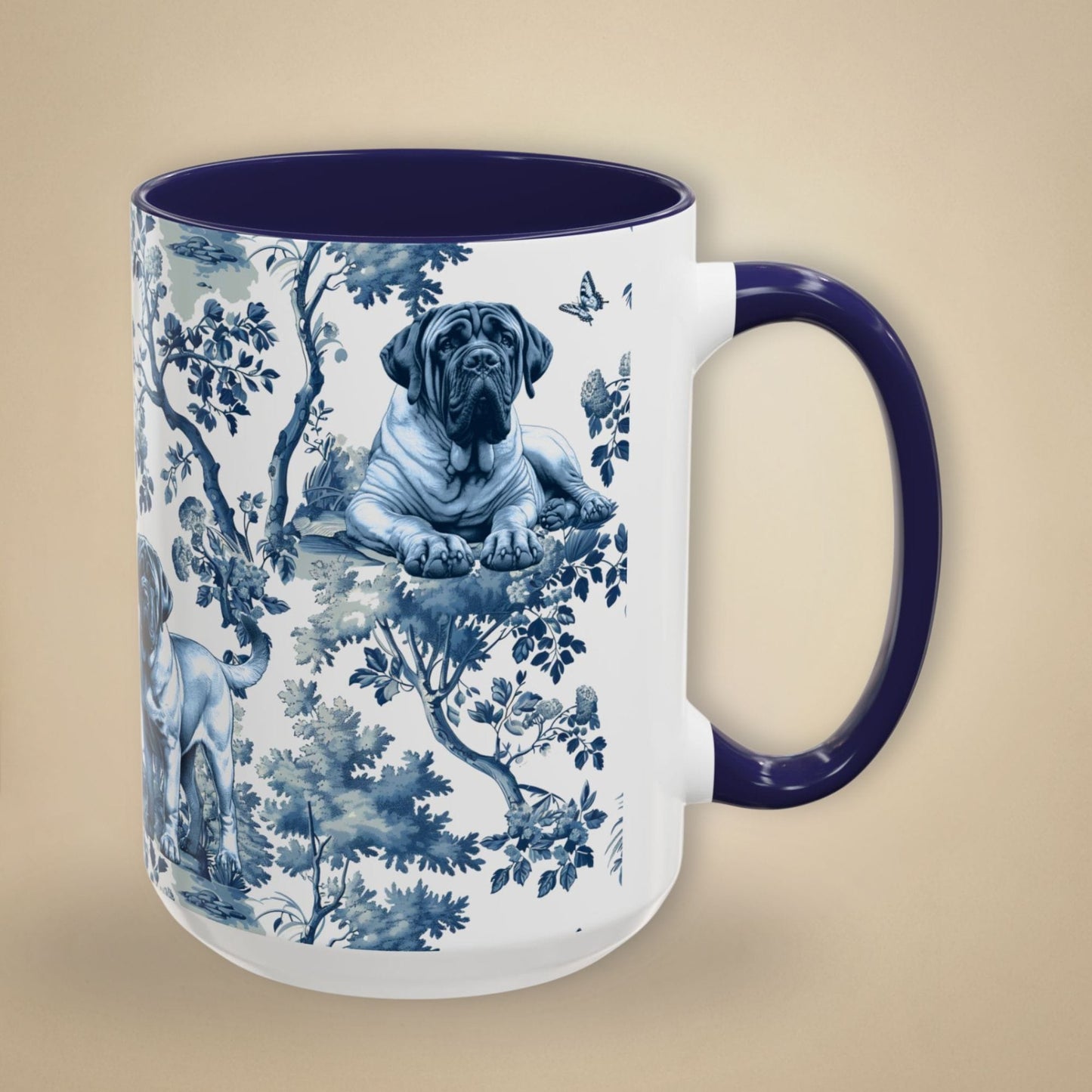 15 oz blue toile English Mastiff coffee mug, side view