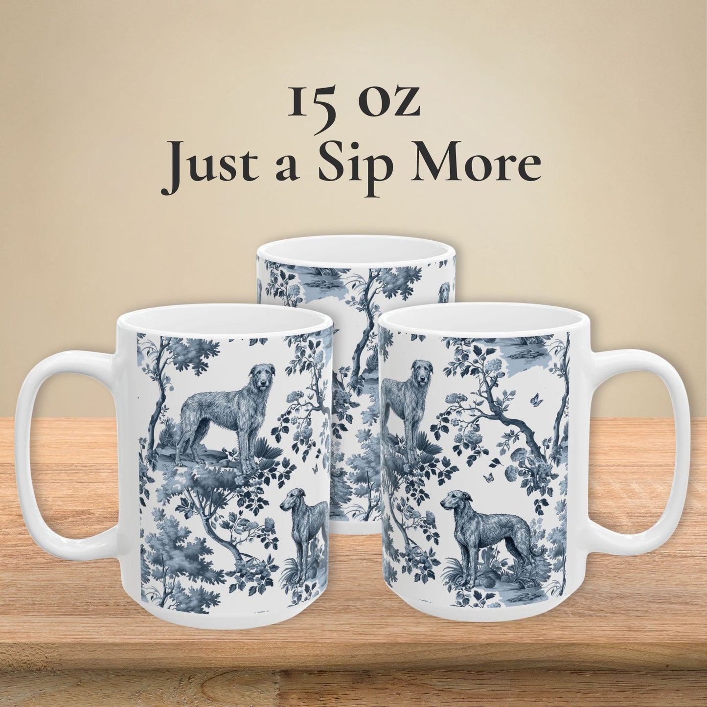 15 oz blue toile Scottish Deerhound coffee cup shown from three sides
