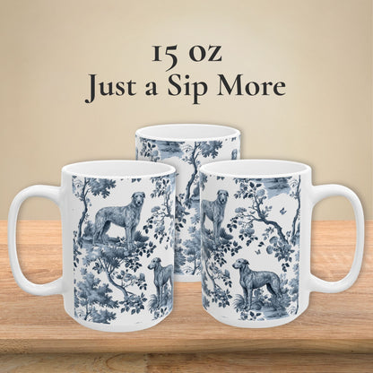 15 oz blue toile Scottish Deerhound coffee cup shown from three sides