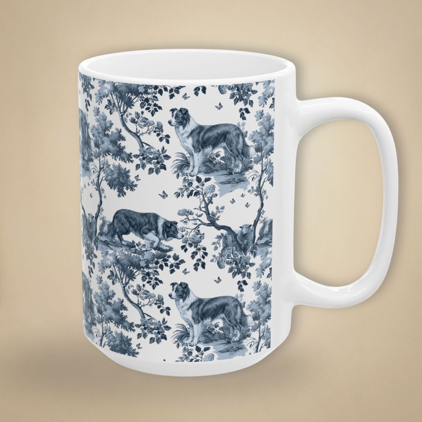 Border Collie Mug - Blue Toile Pattern