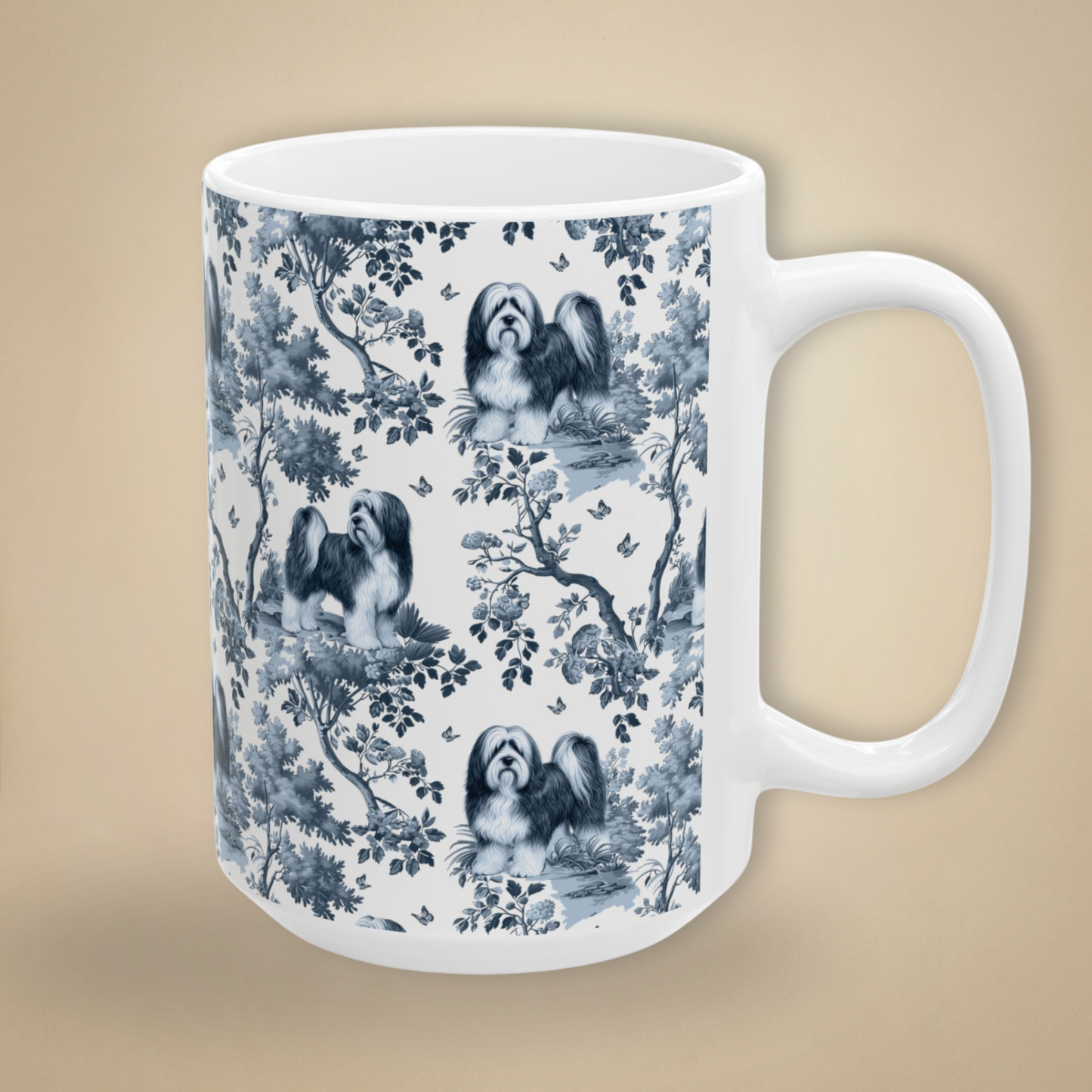 Tibetan Terrier Mug - Blue Toile Pattern