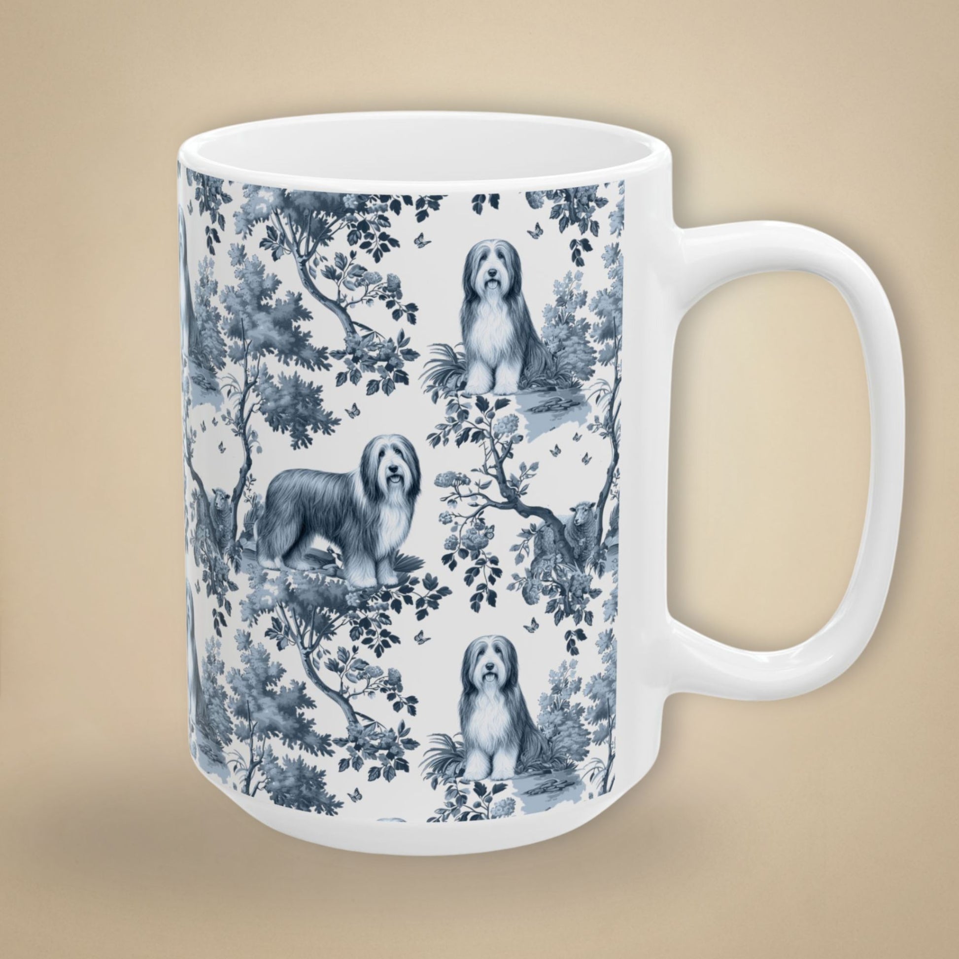 15 oz blue toile Bearded Collie coffee cup shown from three sides