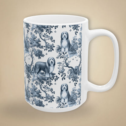 15 oz blue toile Bearded Collie coffee cup shown from three sides