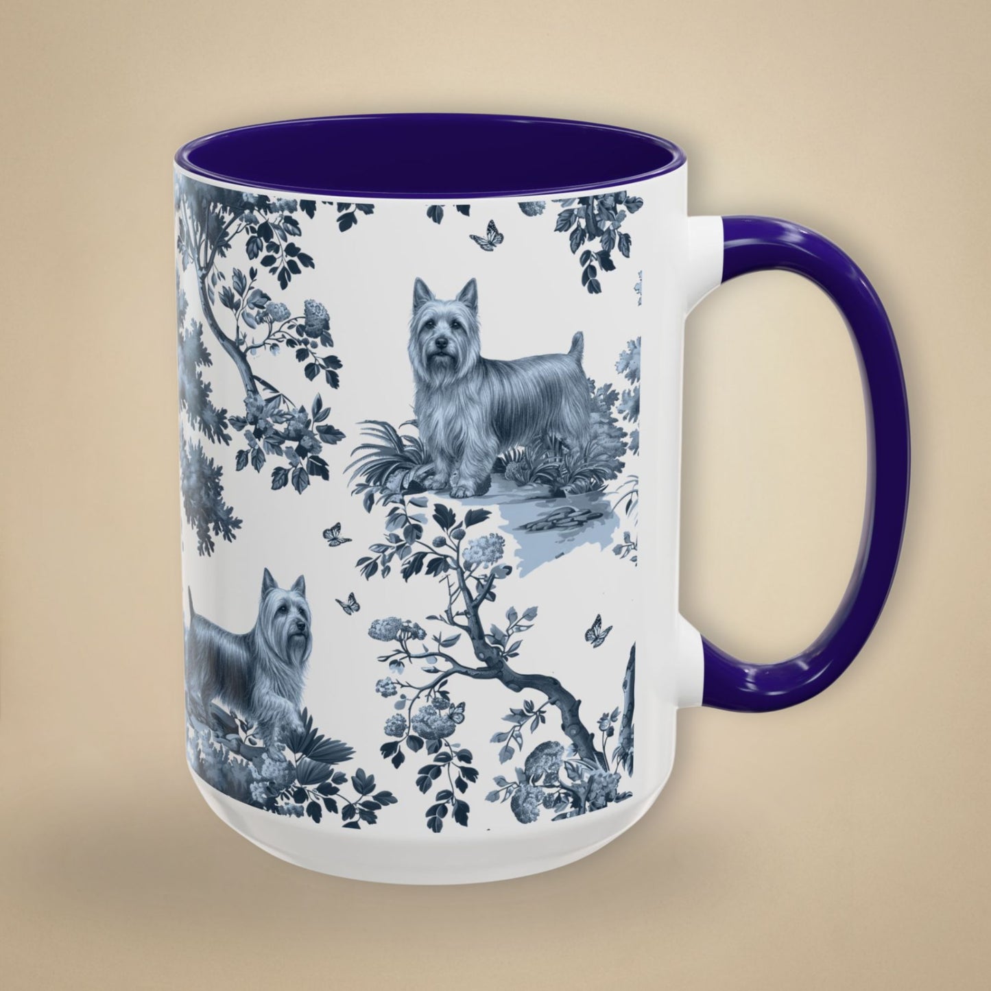 15 oz blue toile Silky Terrier coffee cup shown from three sides