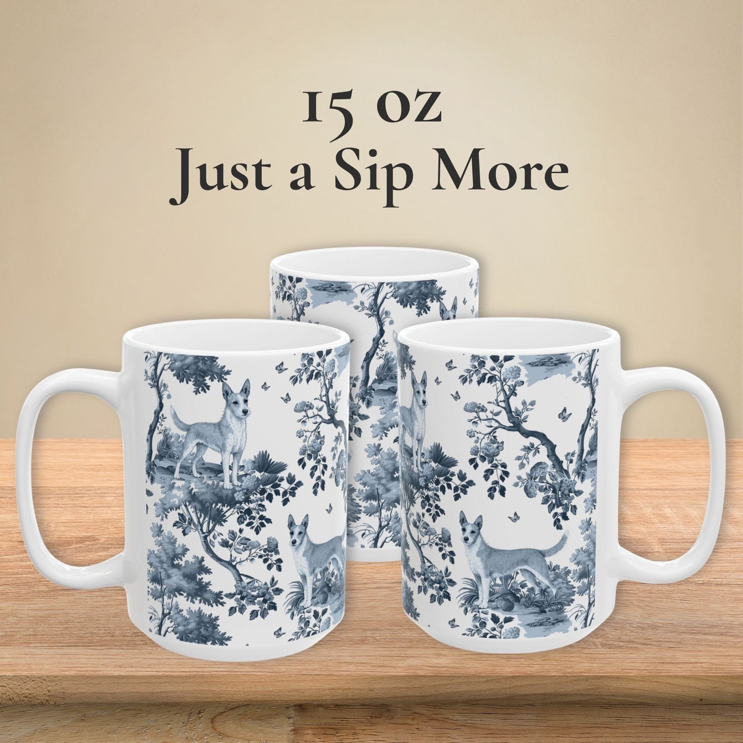 15 oz blue toile Portuguese Podengo coffee cup shown from three sides