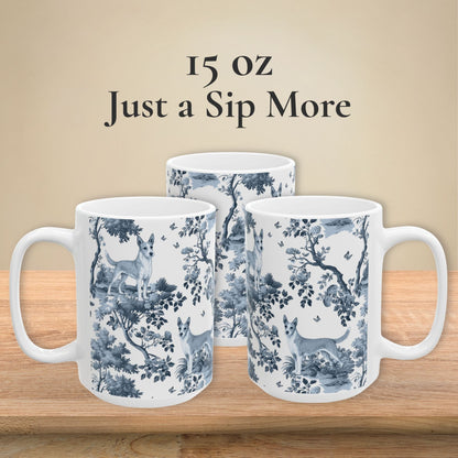 15 oz blue toile Portuguese Podengo coffee cup shown from three sides