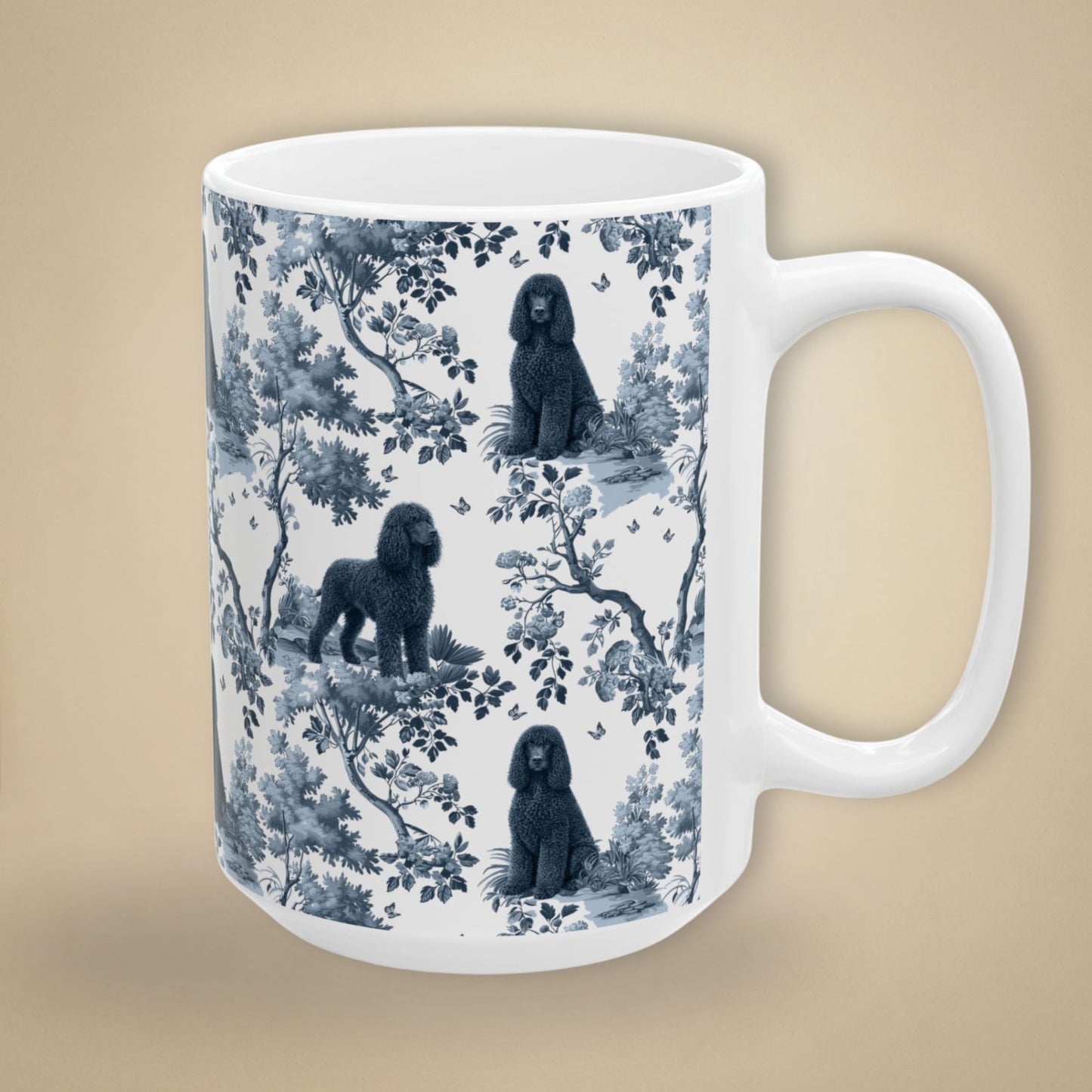15 oz blue toile Irish Water Spaniel coffee cup shown from three sides