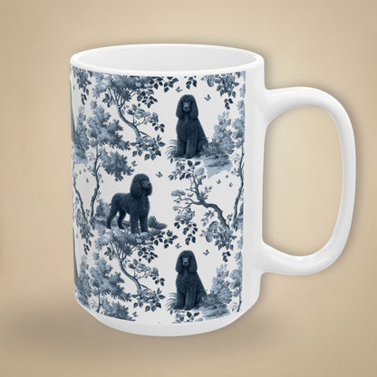 15 oz blue toile Irish Water Spaniel coffee cup shown from three sides
