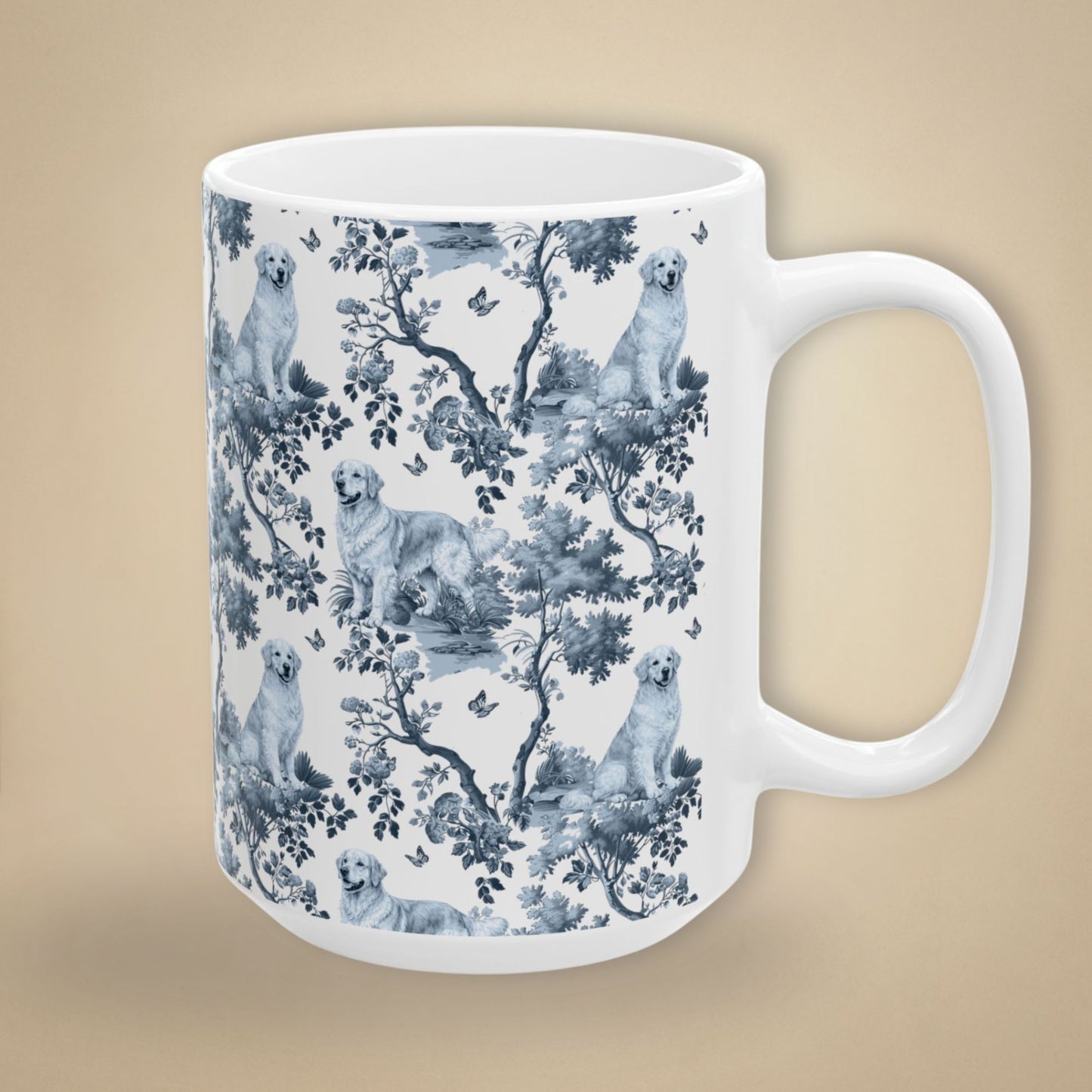 Golden Retriever Mug - Blue Toile Pattern