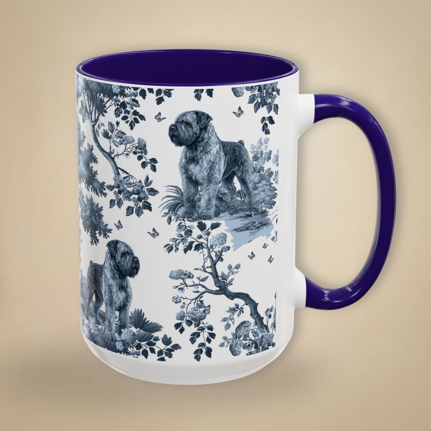 15 oz blue toile Bouvier des Flandres coffee cup shown from three sides