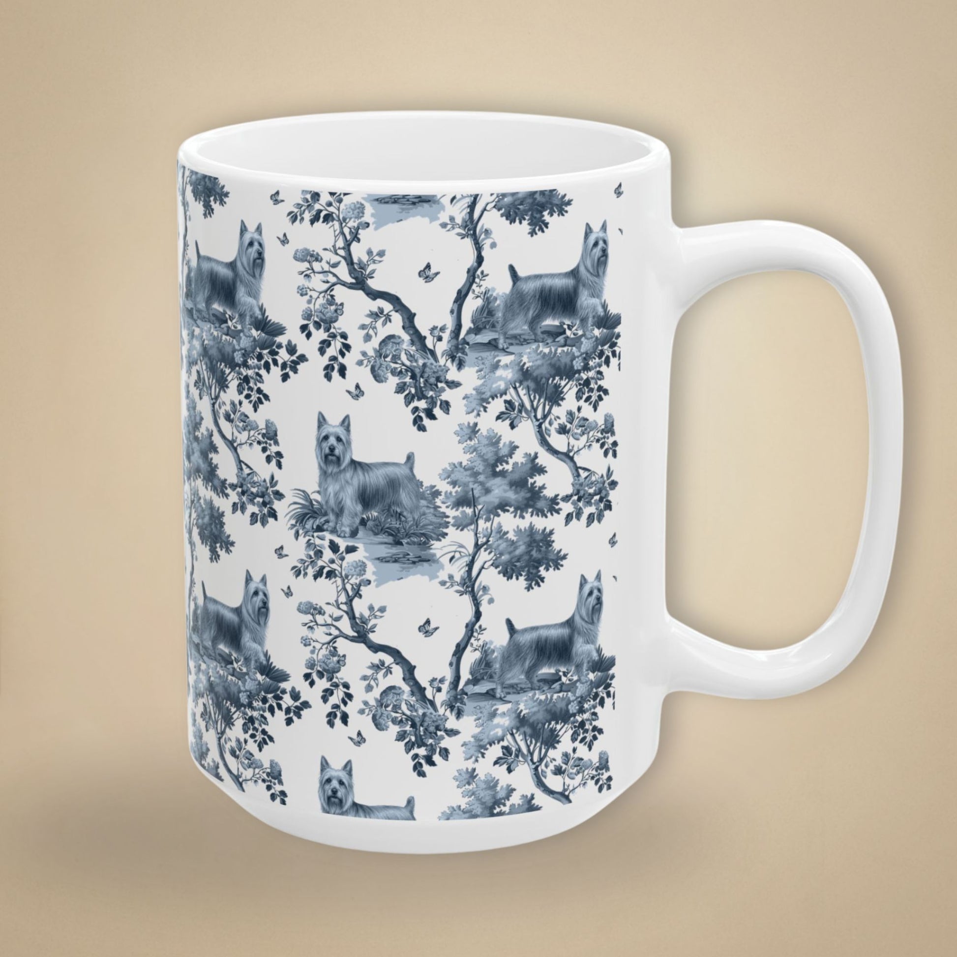 15 oz blue toile Silky Terrier coffee cup shown from three sides