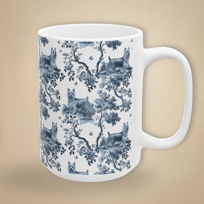 15 oz blue toile Silky Terrier coffee cup shown from three sides