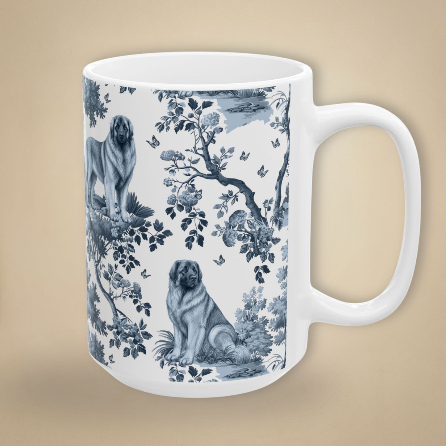 Leonberger blue toile coffee mug 15 oz with white handle