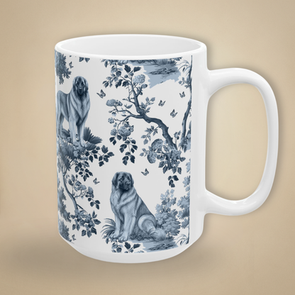 Leonberger blue toile coffee mug 15 oz with white handle