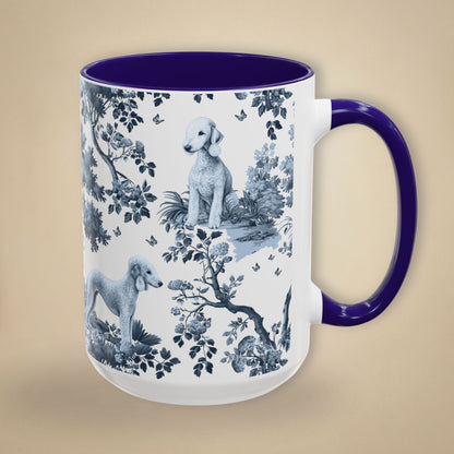 15 oz blue toile Bedlington Terrier coffee cup shown from three sides