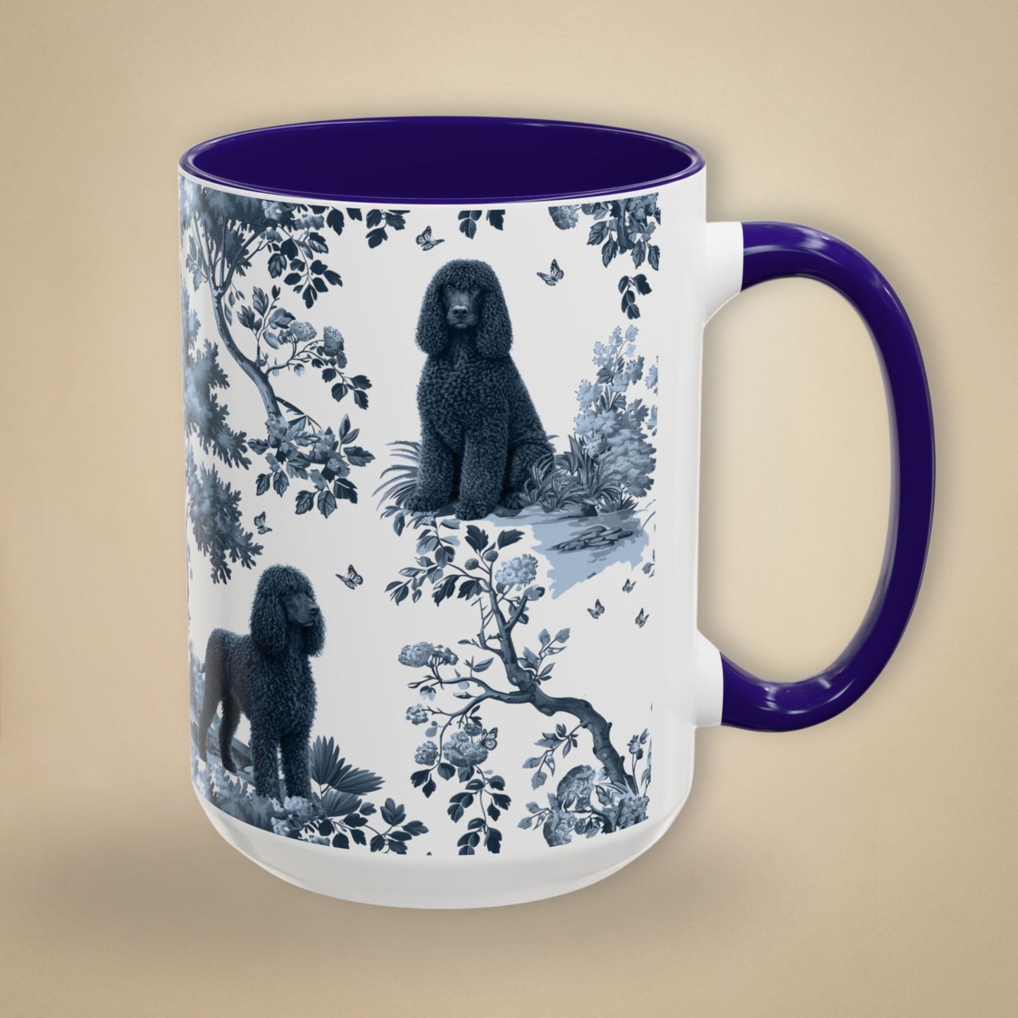 15 oz blue toile Irish Water Spaniel coffee cup shown from three sides