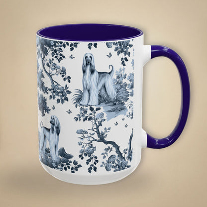 15 oz blue toile Afghan Hound coffee cup shown from three sides