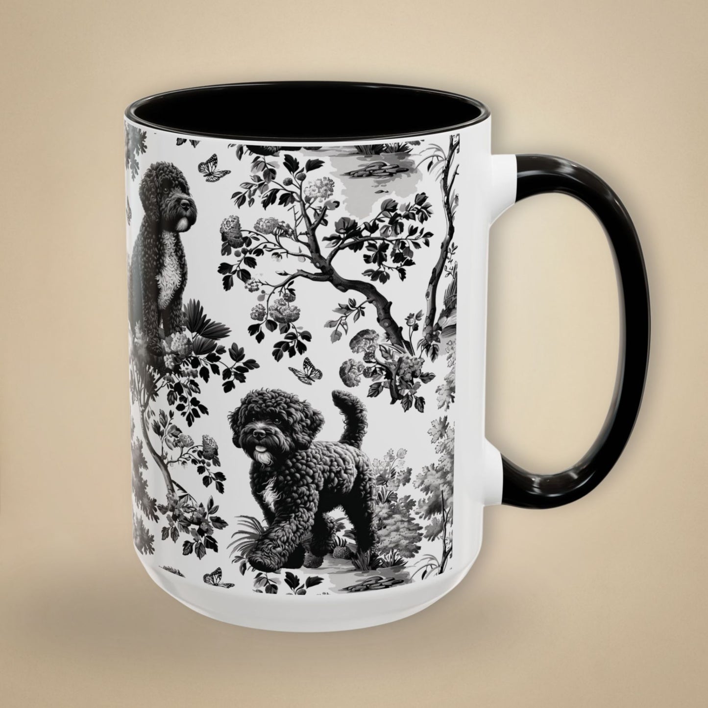 15 oz black toile Portuguese Water Dog coffee cup shown from three sides