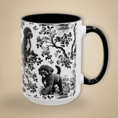 15 oz black toile Portuguese Water Dog coffee cup shown from three sides