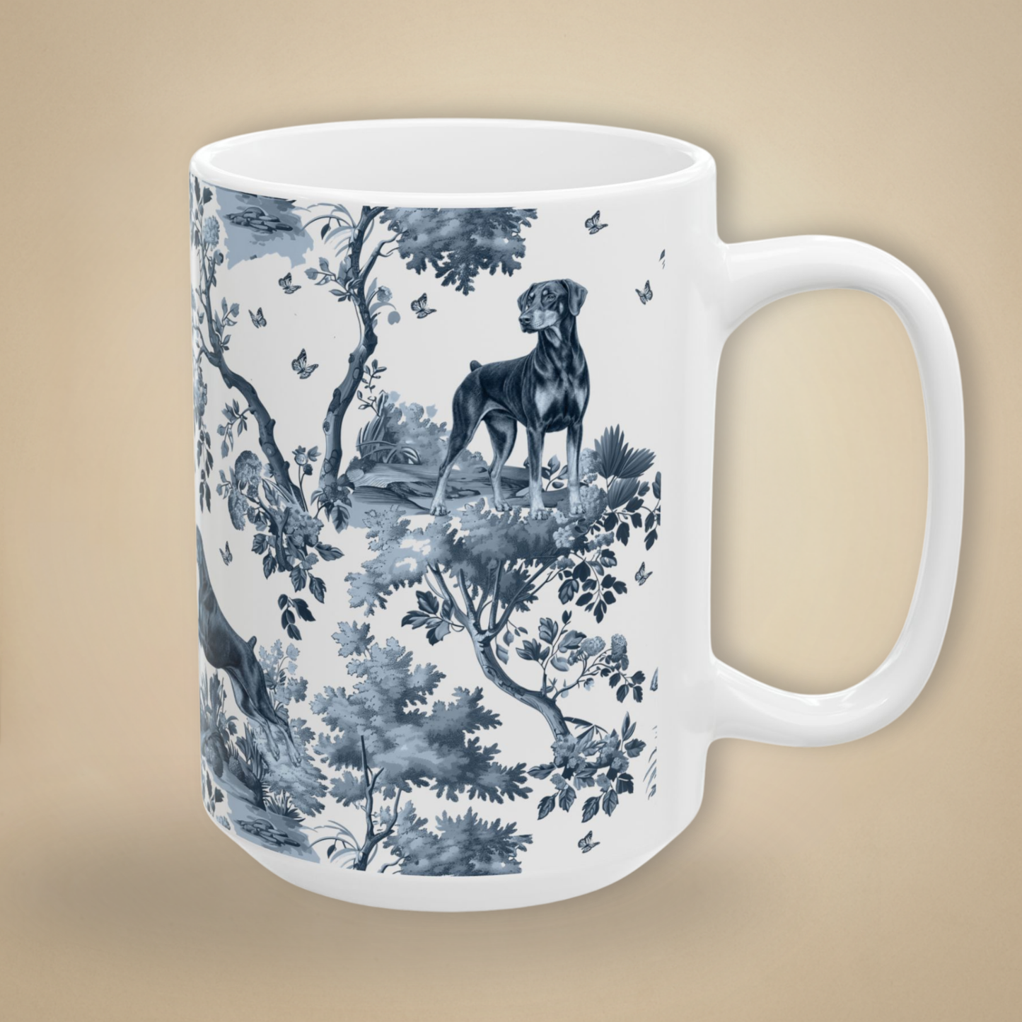 Doberman (Drop Ear) Mug - Blue Toile Pattern
