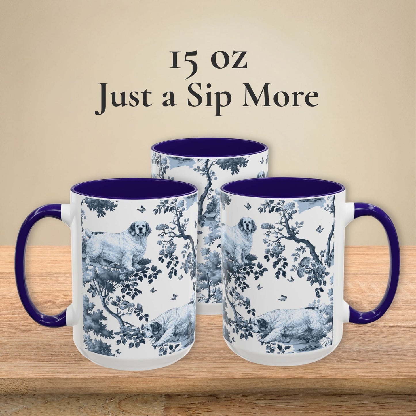 15 oz blue toile Clumber Spaniel coffee cup shown from three sides