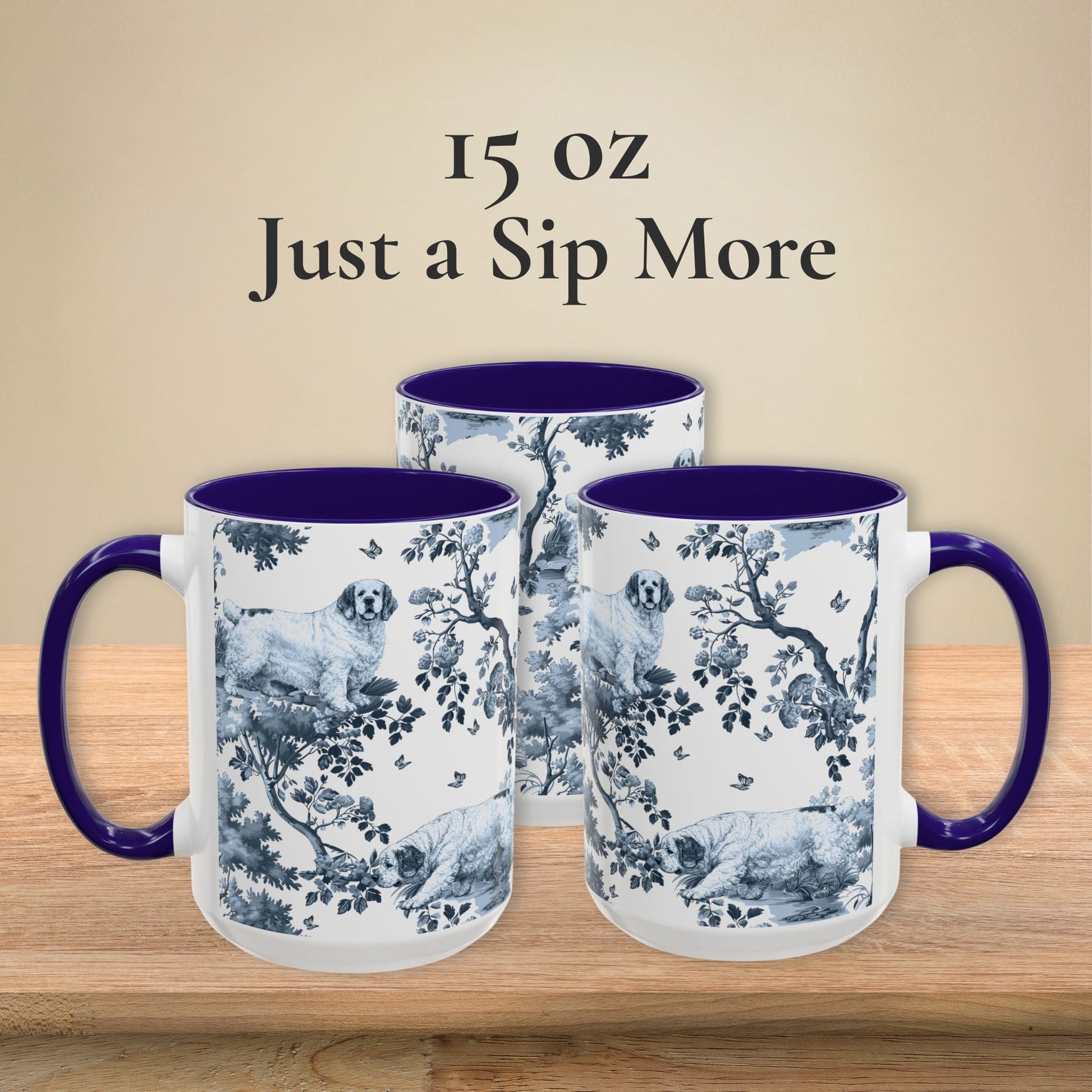 15 oz blue toile Clumber Spaniel coffee cup shown from three sides