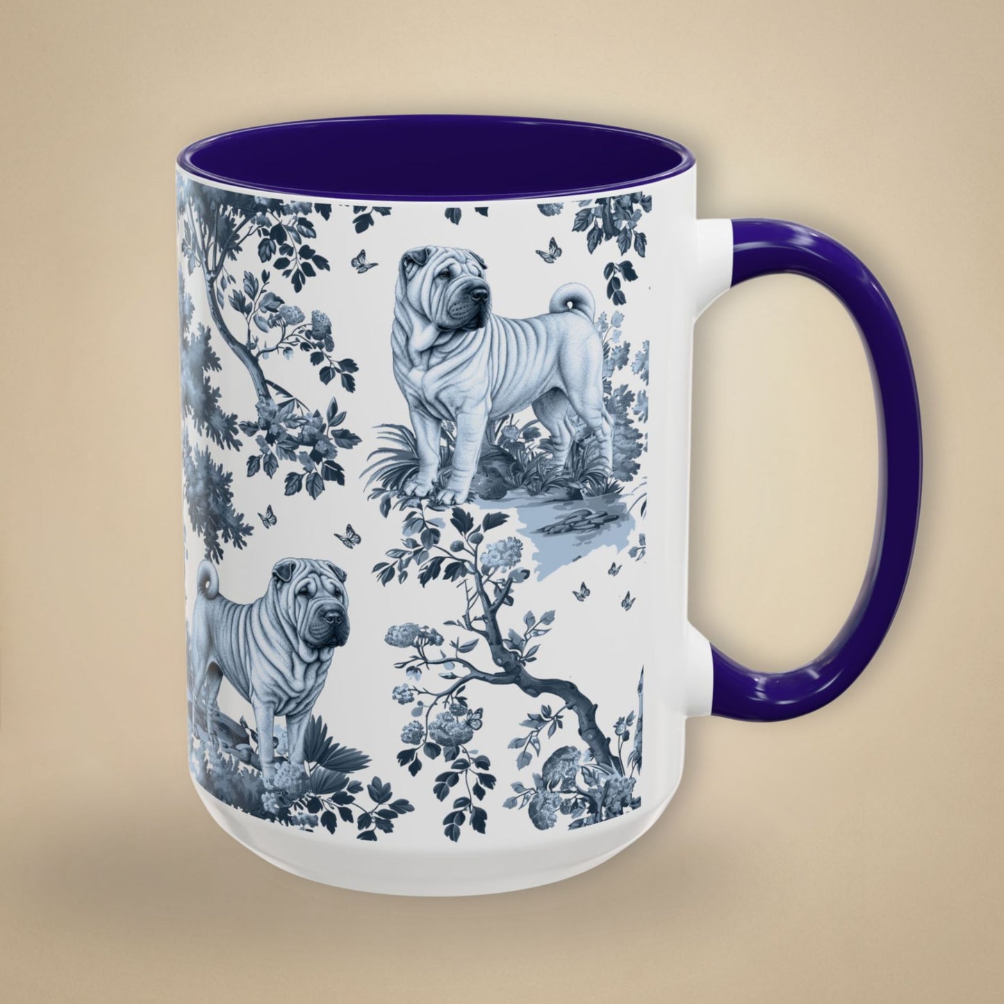 15 oz blue toile Chinese Shar-Pei coffee cup shown from three sides