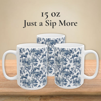 15 oz classic blue toile Horse coffee cup shown from three sides
