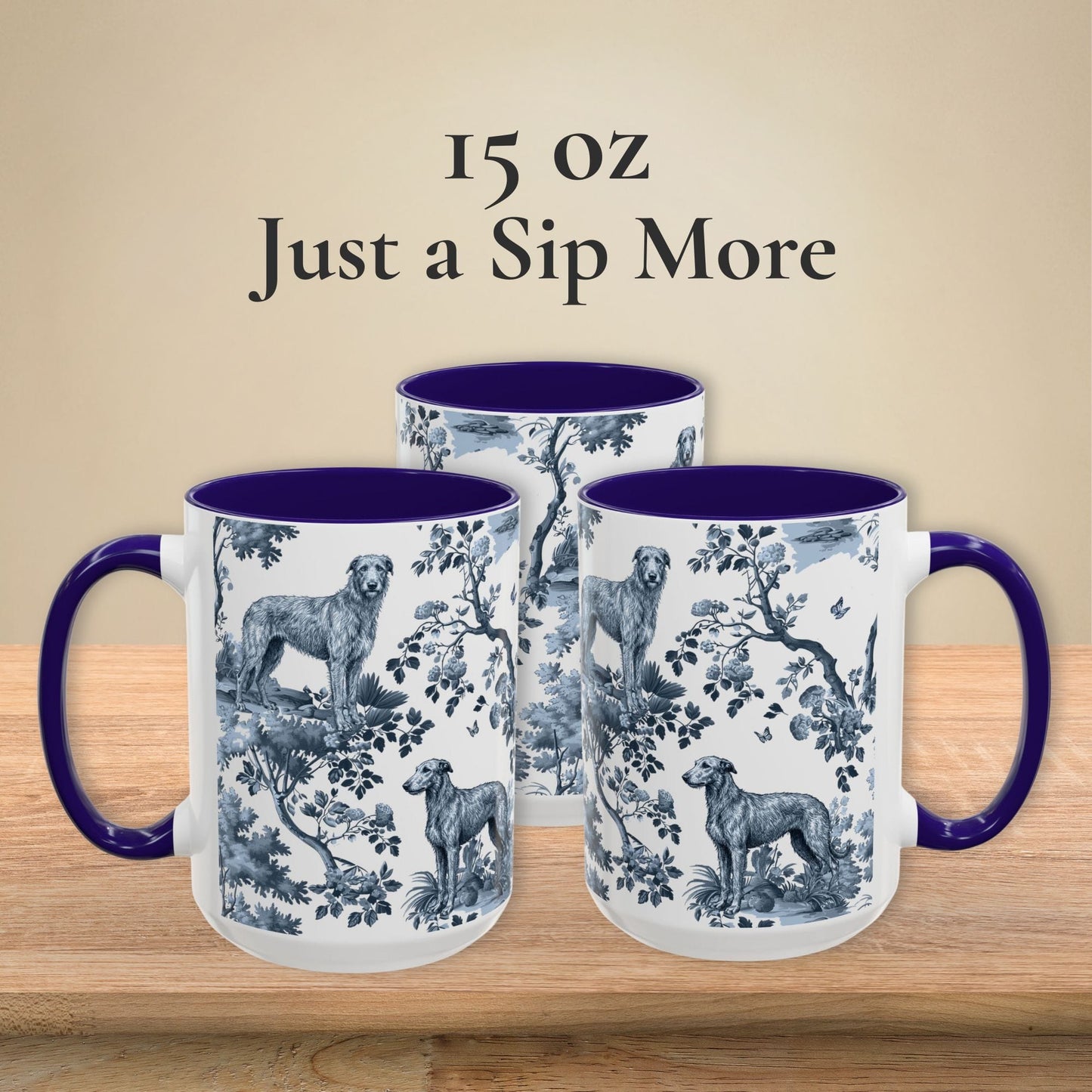 15 oz blue toile Scottish Deerhound coffee cup shown from three sides