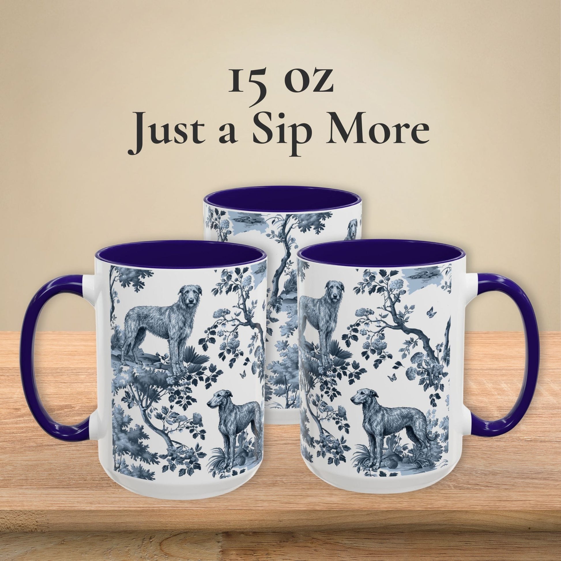 15 oz blue toile Scottish Deerhound coffee cup shown from three sides