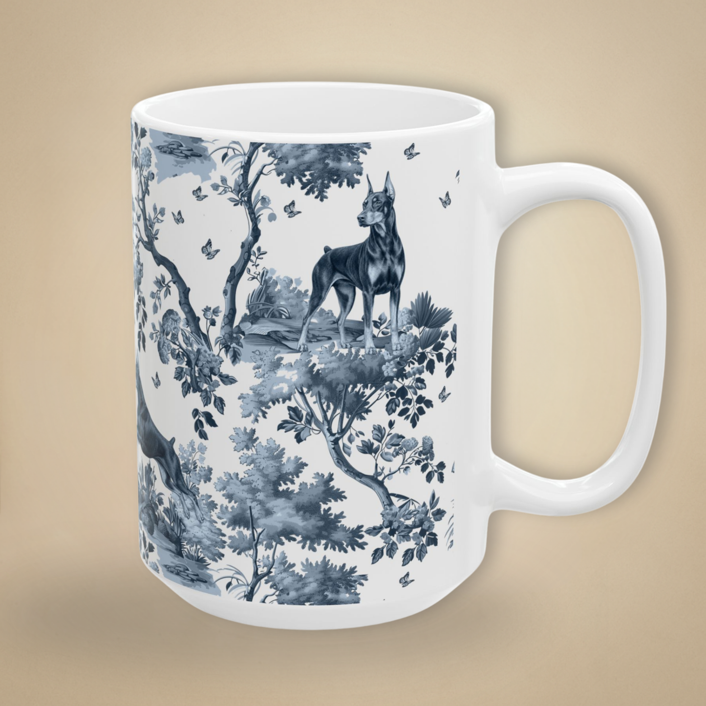 Doberman 2 Mug - Blue Toile Pattern